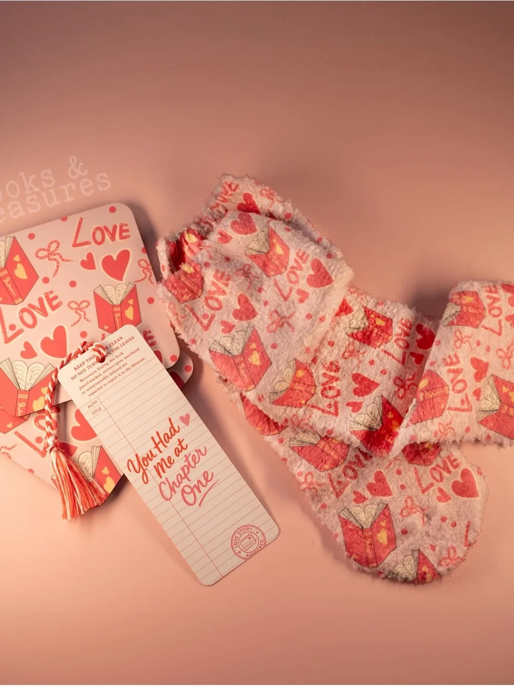 Hand‑Drawn Cozy Gift Set – Metal Bookmark, Wood Coaster & Fuzzy Socks